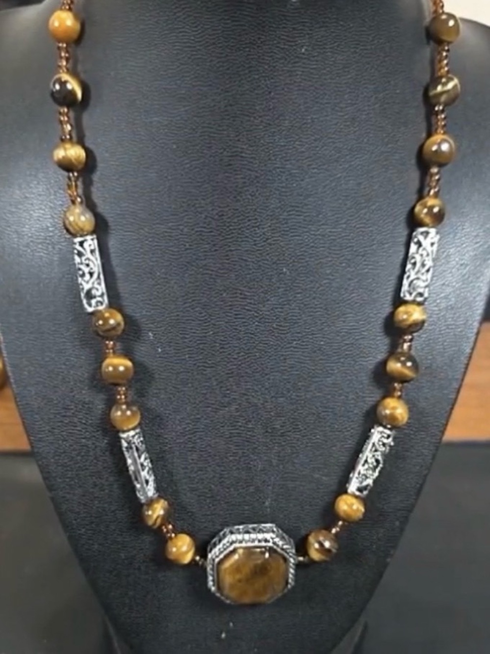 Tiger Eye Pendant Necklace with Silver-Tone Filigree - Brown
